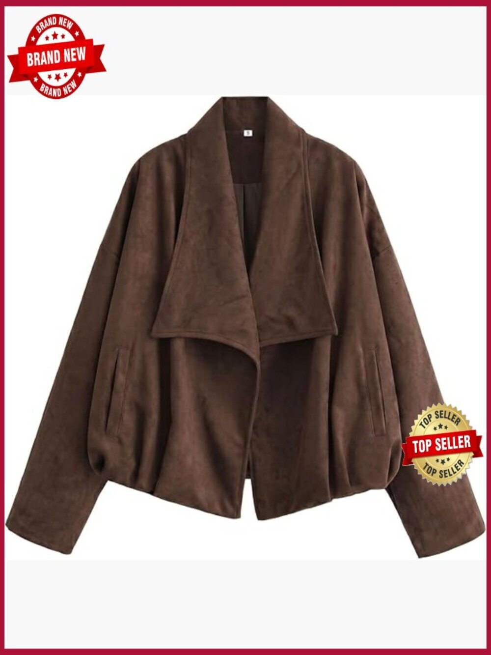 Faux Suede Wrap Jacket Open Front Coat with Lapel Collar Long Sleeve